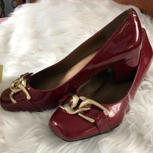 “ME TOO” gorgeous color NOT RED but Burgundy with gold embellishments .